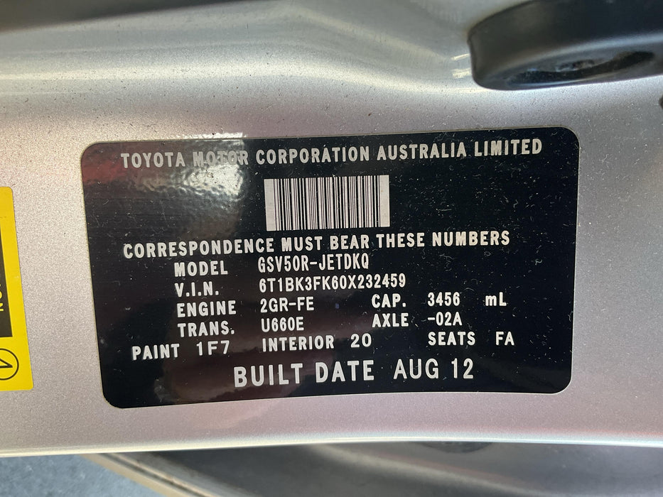 2012 Toyota Aurion AT-X 3.5P SDN 6A  4698 - Used parts for sale
